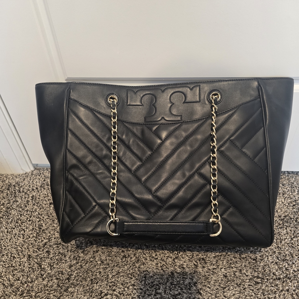 Tory Burch Black Chevron Tote with Gold Chain
